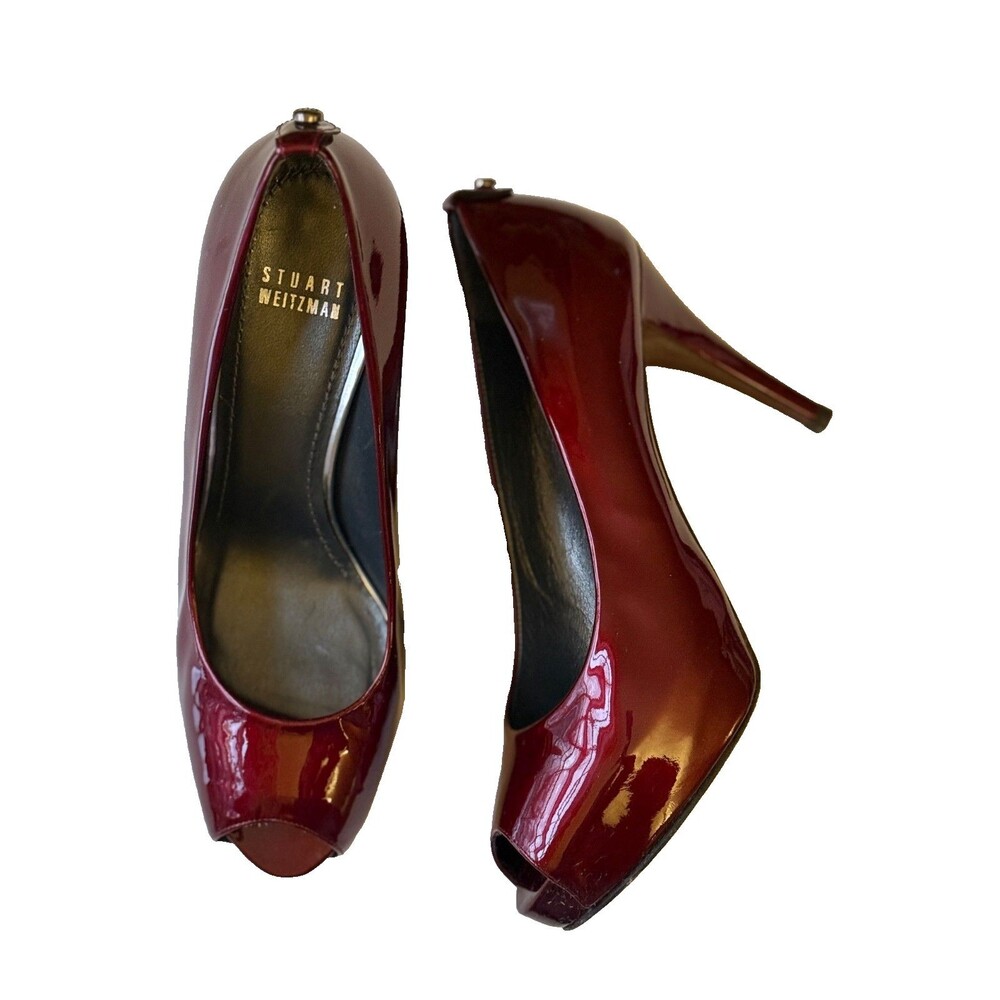 Stuart Weitzman Burgundy/Cherry Quasar Patent Leather Peep Toe Platform Pumps